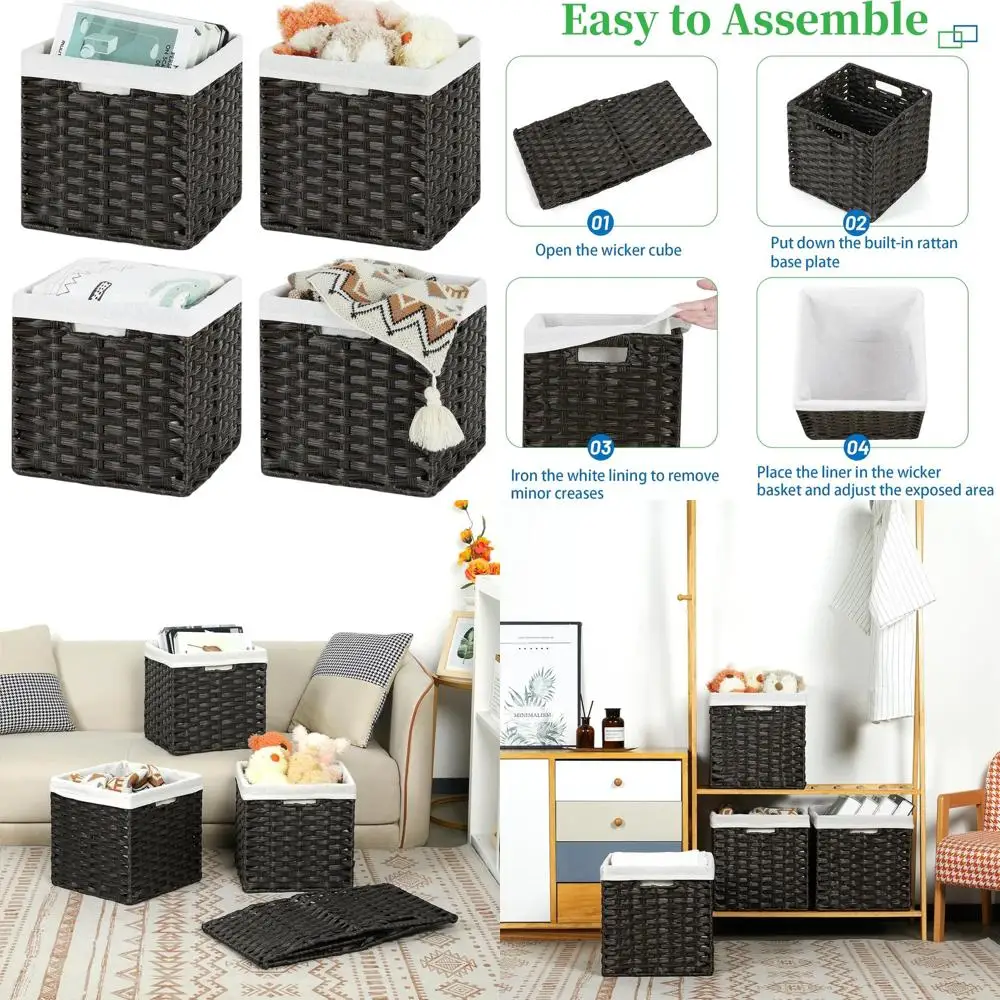

Набор из 4 шт., 11 водонепроницаемых плетеных корзин для хранения в виде куба для домашней организации в кладовой и спальне