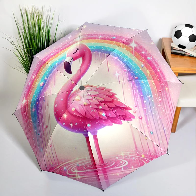 Cartoon Pink Flamingo Umbrella Automatic Open/close, Sturdy Iron Frame & 8-Rib Struct, Umbrella for Women & Men, Christmas Gifts