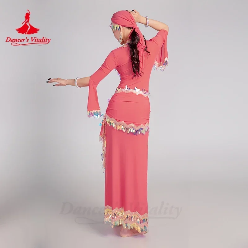 زي أداء الرقص الشرقي للنساء رداء أنيق متقدم + حمالة صدر + حجاب + وشاح الورك 4 قطعة رداء المنافسة Balady Saidi