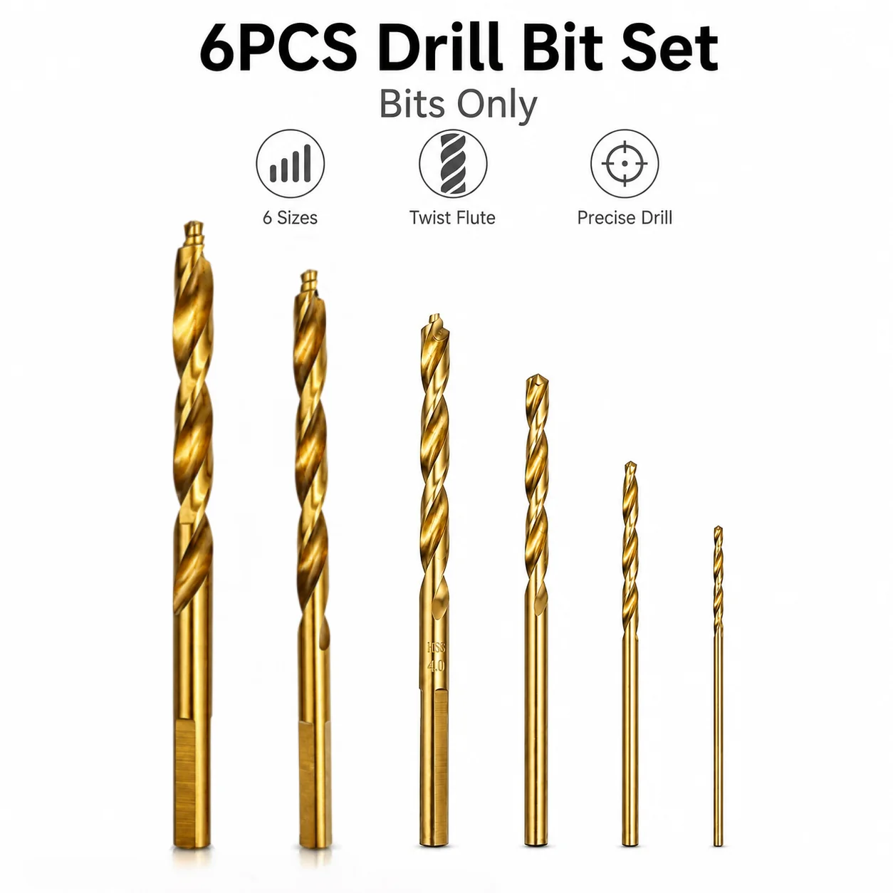 6PCS Titanium Coated HSS Twist Drill Bit Set 1-6mm Straight Shank Sharp Point Tip Drill Bits for Metal Wood Plastic PVC Acrylic