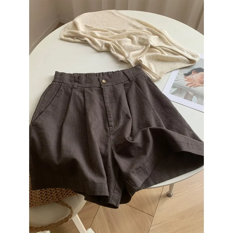 High-End plus Size Cotton Linen Five-Point Shorts Wide Leg Harlan Casual Pants for Women Artistic Commute Style mid High Waist