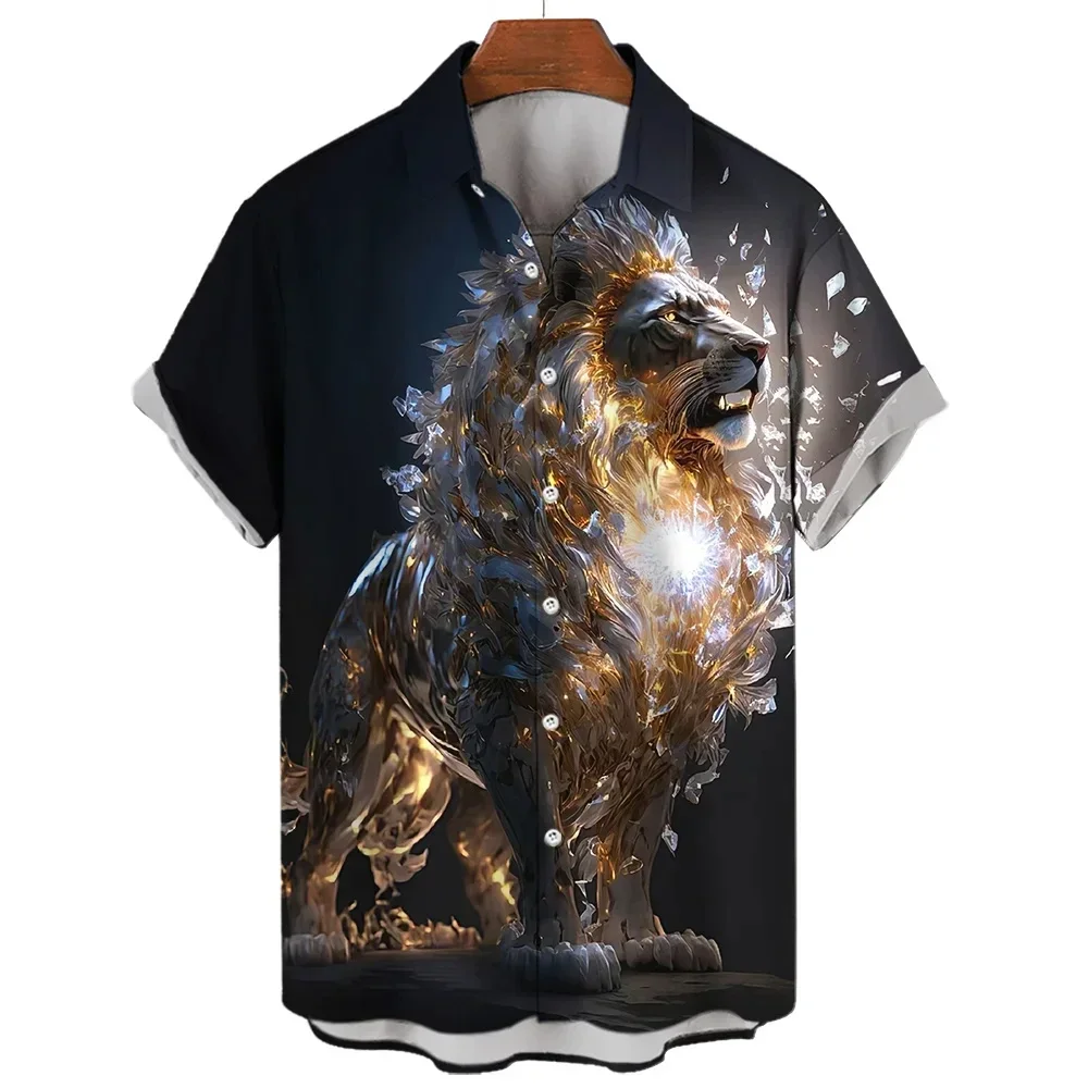 Men\'s Short Sleeve Shirt Handsome Lion Print Lapel Button Unisex Clothing Casual Large Size Comfortable Men\'s Shirt 2024 New Sty