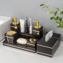 Black Nero Marquin Natural Marble Bathroom Accessories Luxury Gold Soap Dish Soap Dispenser Toothbrush Holder Tray Bathroom Set