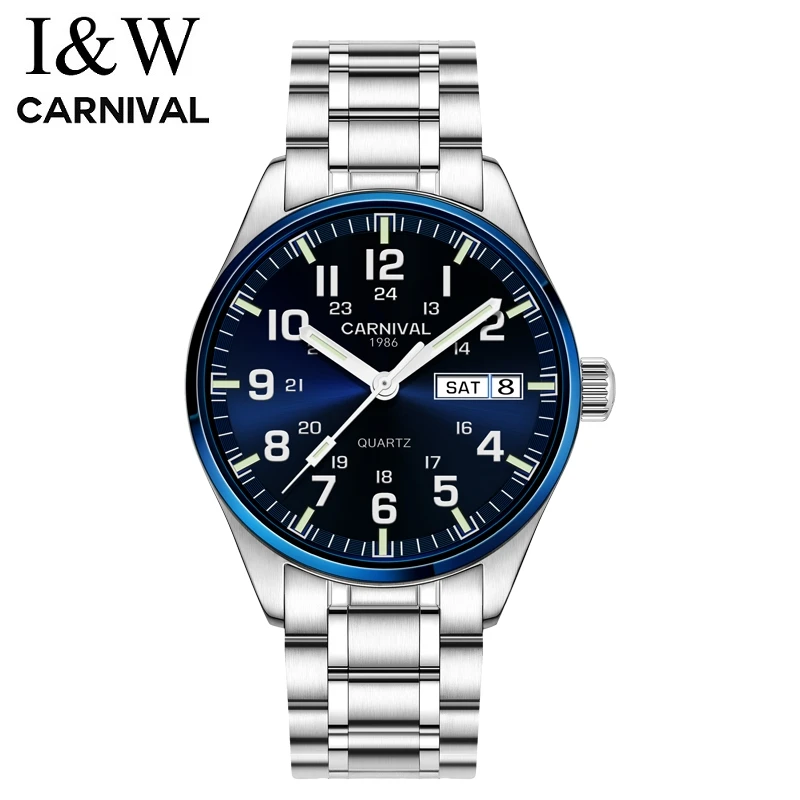 Switzerland Carnival For Mens Watches Casual Wristwatches Swiss Ronda Quartz Movement Date Week Stainless Steel Blue Dial Clock