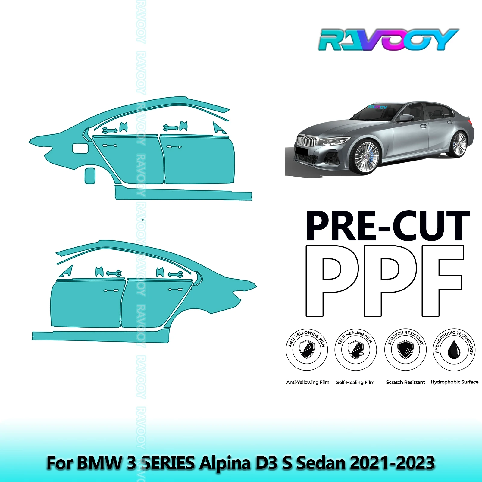 

For BMW 3 SERIES Alpina D3 S Sedan 2021-2023 8.5mil Clear Matte Pre-Cut PPF Door & A/B Pillar Kit TPU Paint Protection Film Set