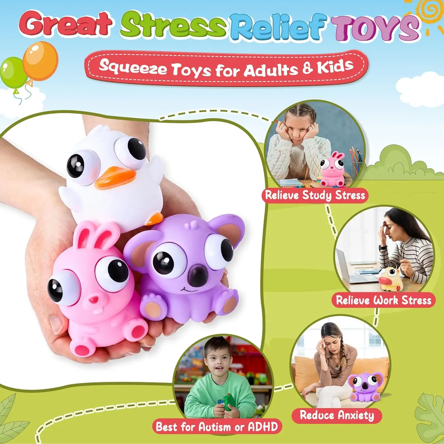 Animal Squishy Fidget Toys Cute Squishies Toys for Kids Adults Pop Out Eyes Toy Popping Eye Stress Relief Toy Party Favors