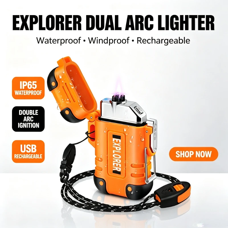 Waterproof Double Arc Lighter with Lanyard Type-c Charging Socket Windproof Igniter Rechargeable Cigarette Lighter