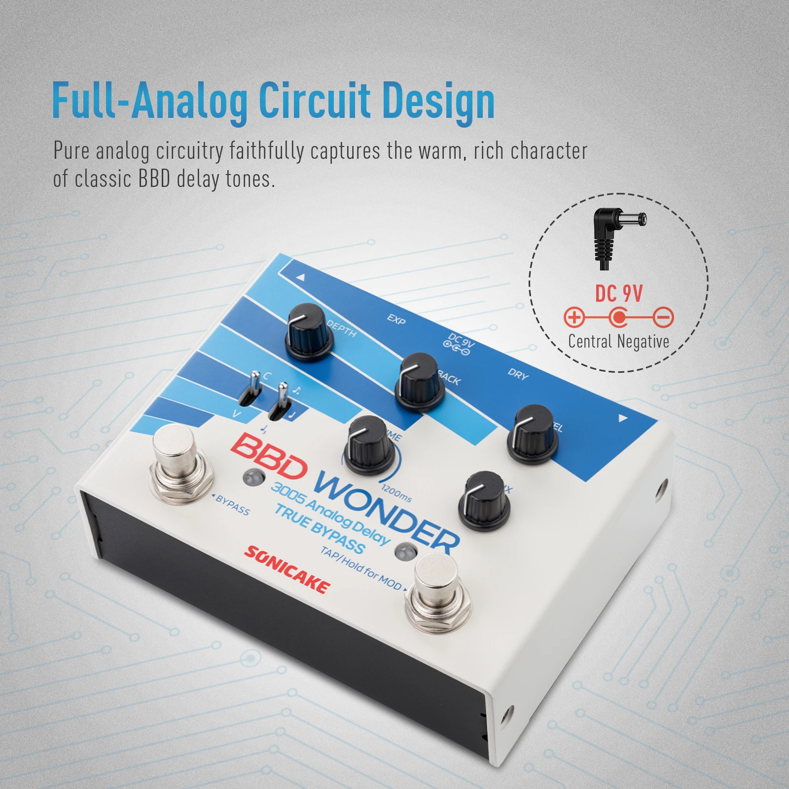 SONICAKE BBD Wonder Analog Delay & Modulation Pedal 3005 BBD True Bypass Dual Footswitch Guitar Bass Effects Pedal QDS-10