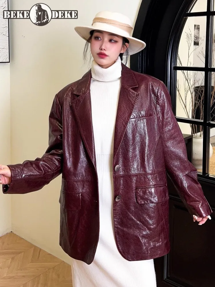 Medium Length Office Lady Genuine Leather Blazers Solid Color Loose Fit Women Real Sheepskin Vintage Design Casual Suit Jacket