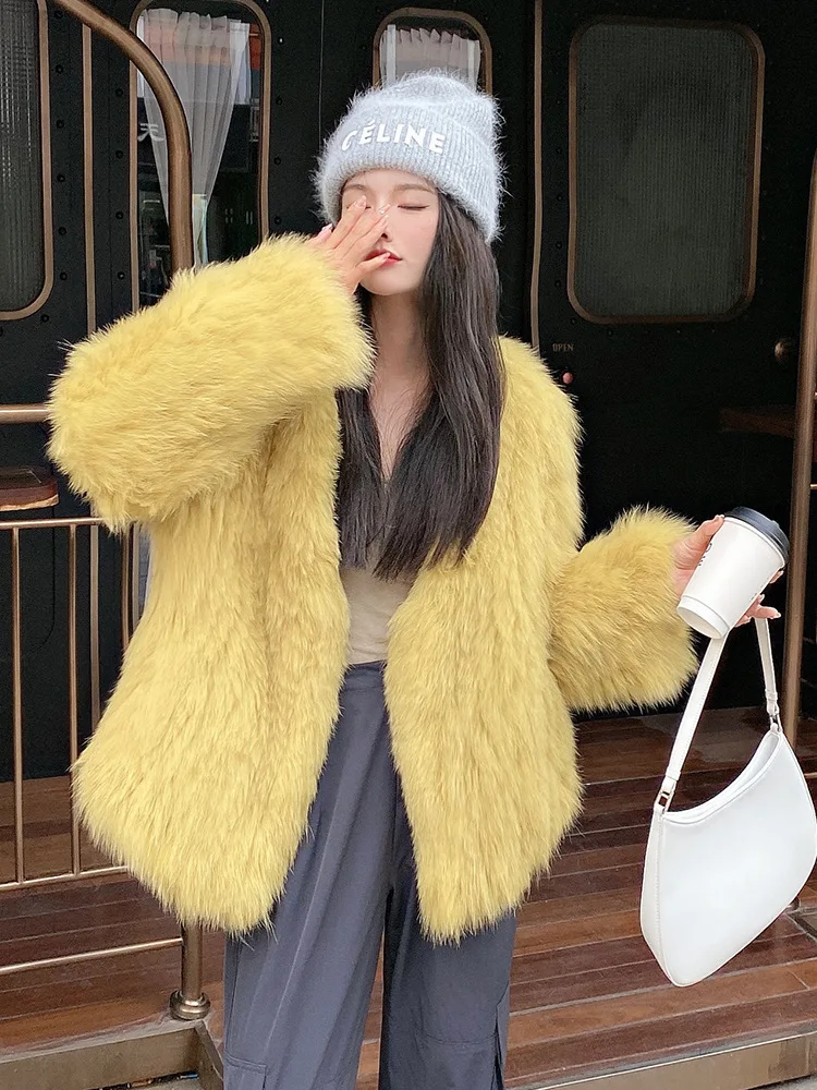 Real Fur Coat Women's Winter Double Woven Fox Fur Jacket Cardigan Korean Fashion V-Neck Green/Yellow Warm Slim Manteau Femme