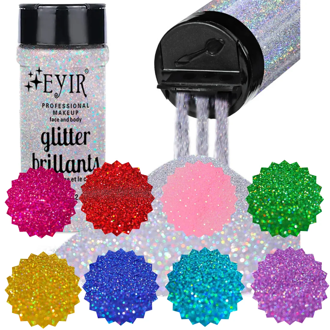 

A set of 9 colors (80g total) of ultra-fine holographic glitter, perfect for resin crafting, body makeup, and artistic decoratio