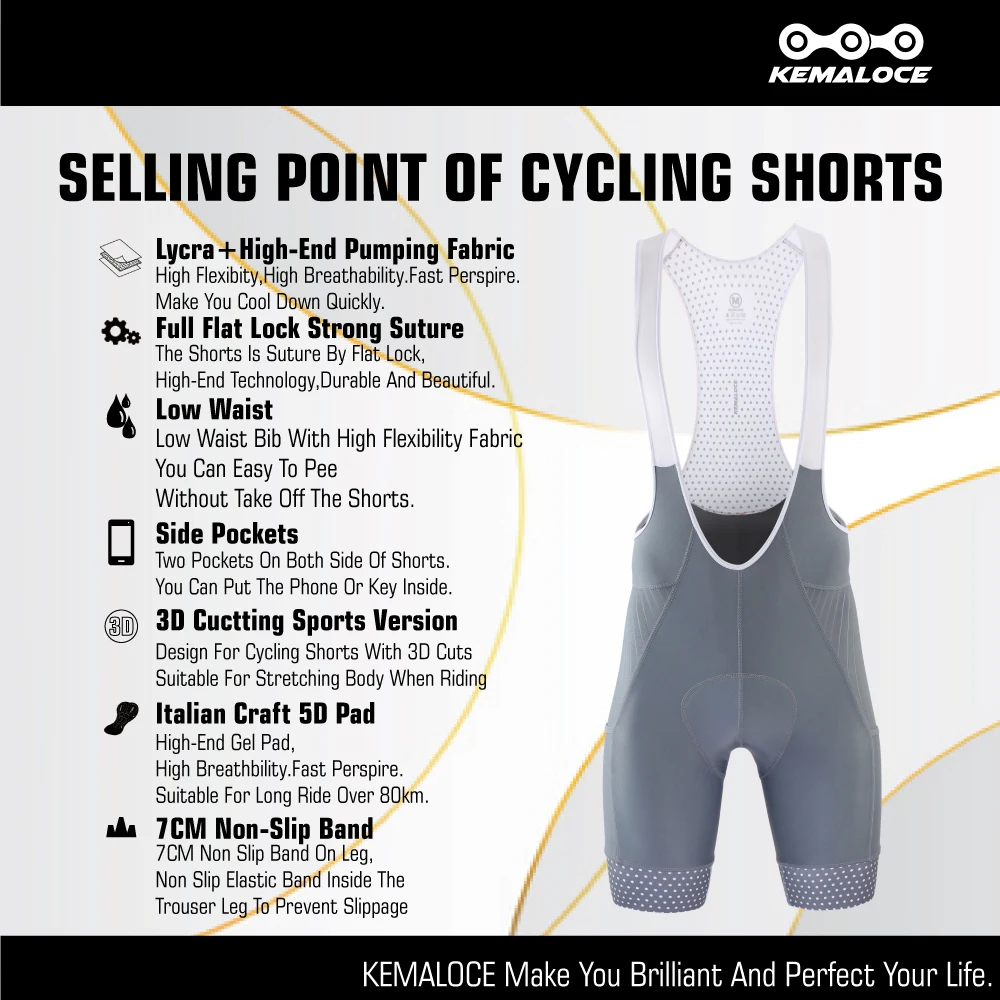 KEMALOCE Cycling Bib Shorts With Side Pockets Man Blue&Grey&Red Bike Shorts Gel Pad High Quality Compressed Bicycle Bib Pants