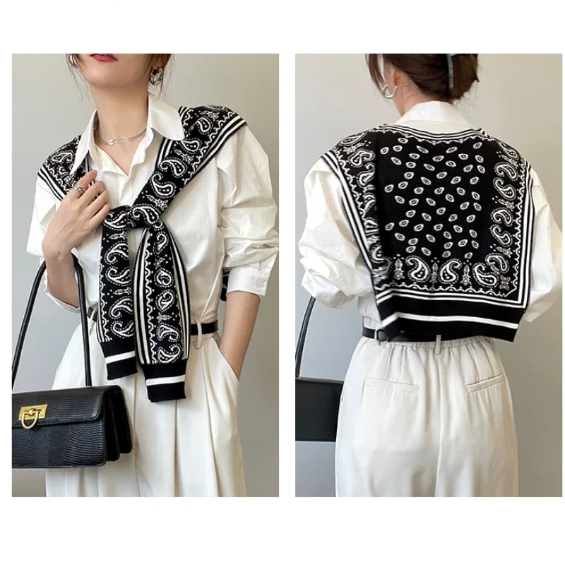 

Ladies' Spring and Autumn Knitted Decorative Shirt with Shoulder Cashew Flower Fake Collar Shawl