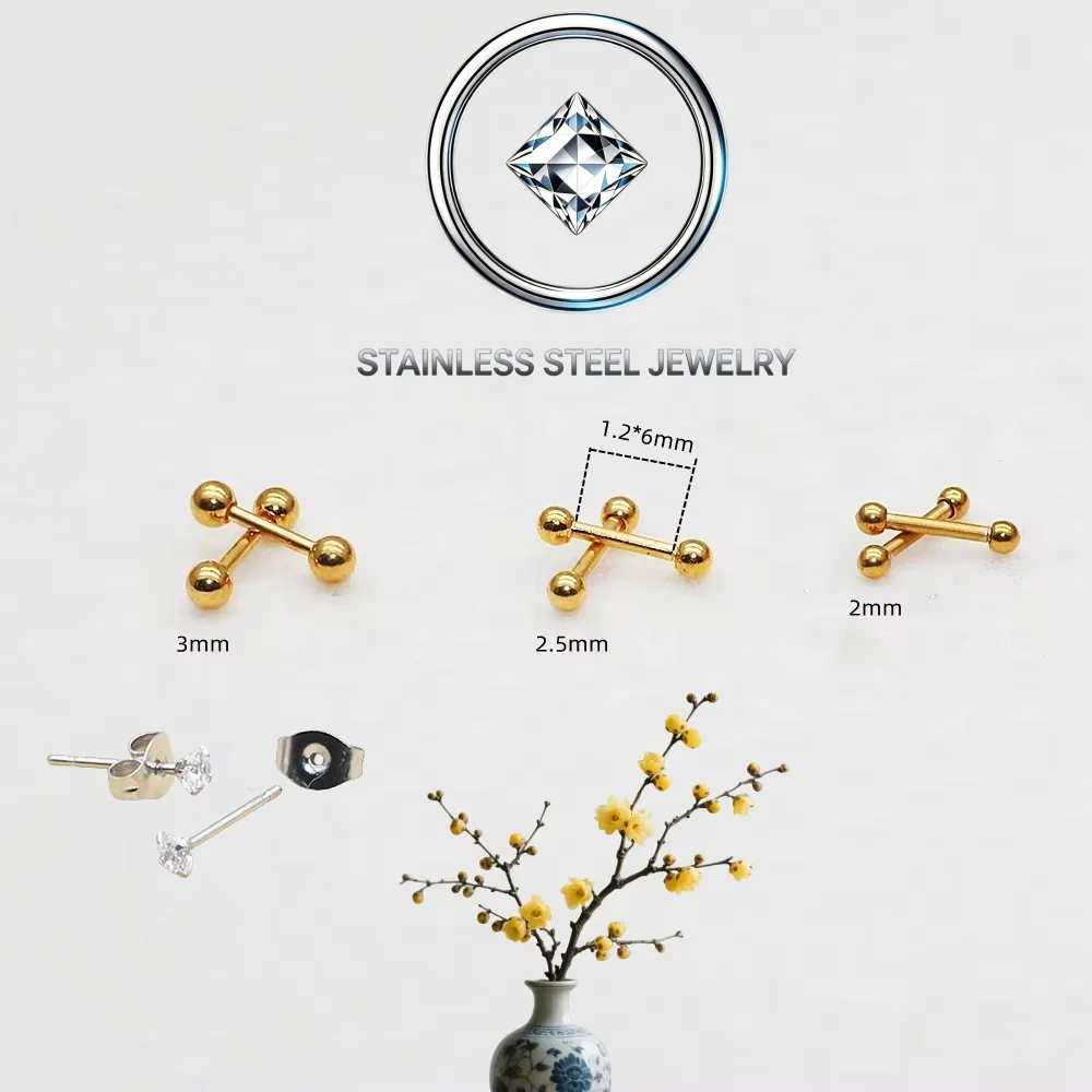 Mini Screw 1.2*6mm Gold-color Stainless Steel With Ball Shape 2m 3mm Stud Earrings Fashion No Fade Allergy Free