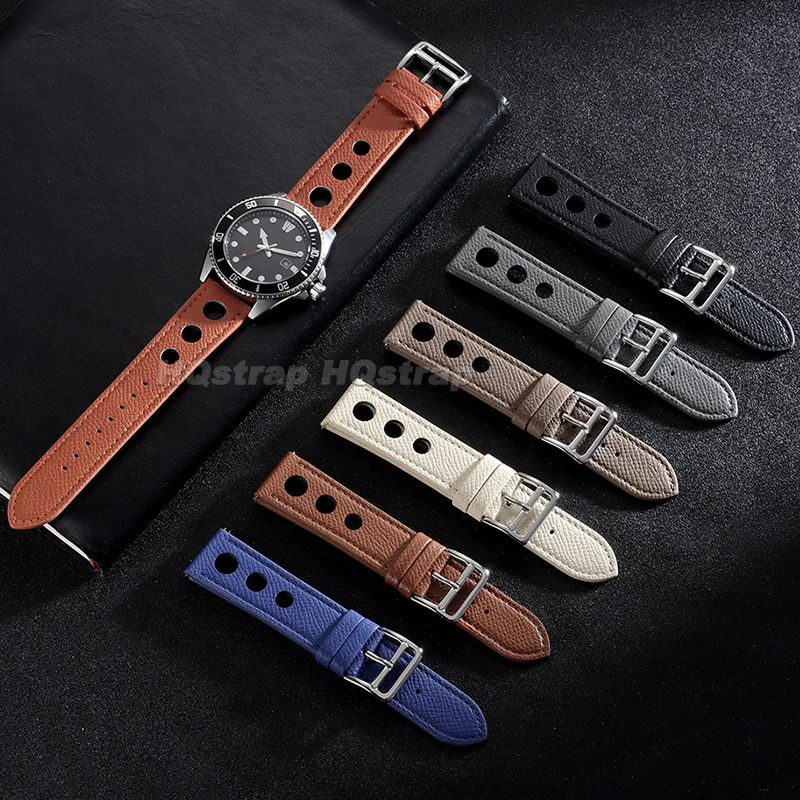 Cowhide Watch Strap 20mm 22mm Big Hole Perforated Racing Leather Watchband for Seiko for Omega Multi-Color Breathable Bracelet