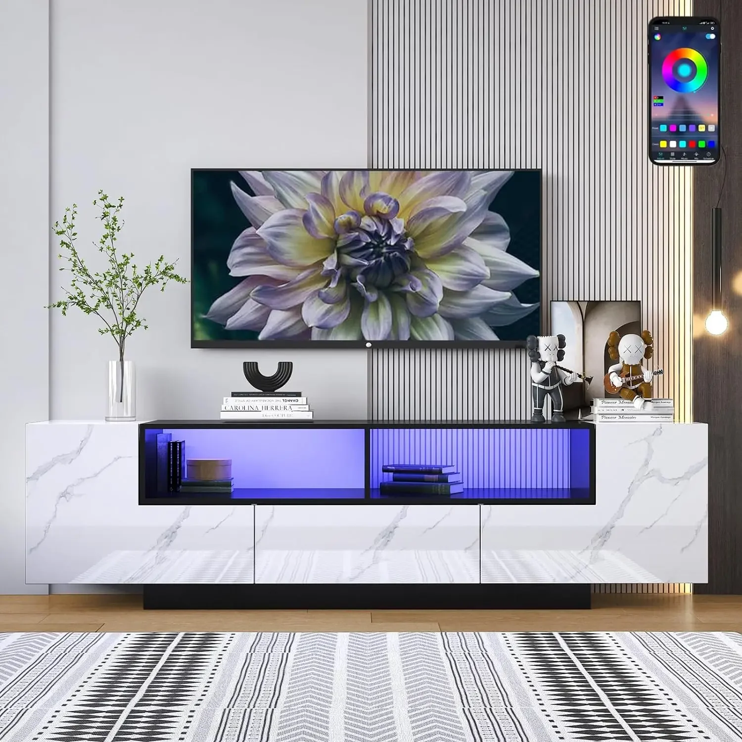 70Inch Led Tv-Standaard Voor 80/75 Inch Tv, Moderne Tv-Standaard Voor Woonkamer, Tv-Console, Hoogglans Entertainmentcentrum, App Led-Licht