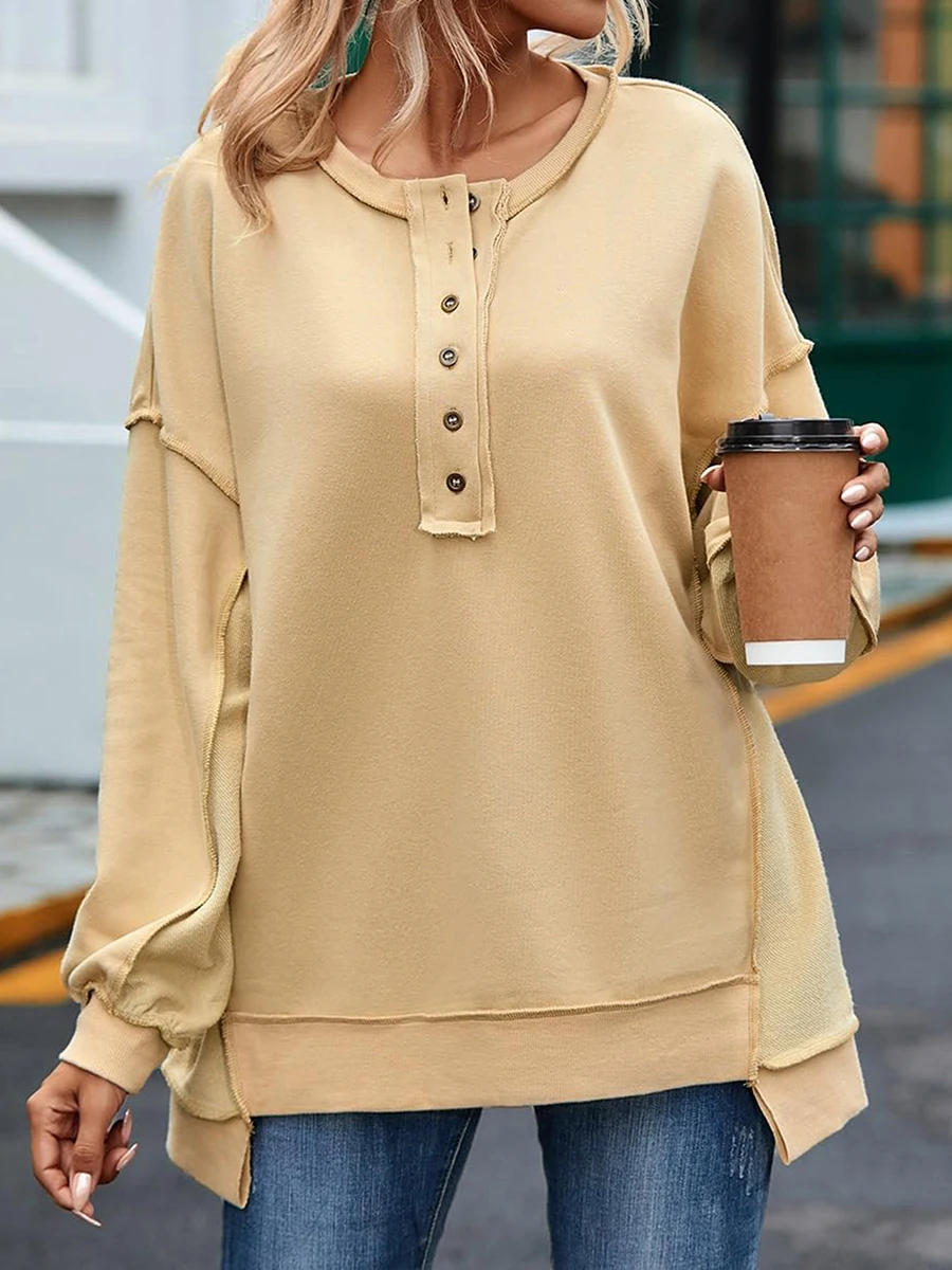 Women s Spring Autumn Loose Sweatshirt Solid Color Long Sleeve V Neck Button Up Pullover