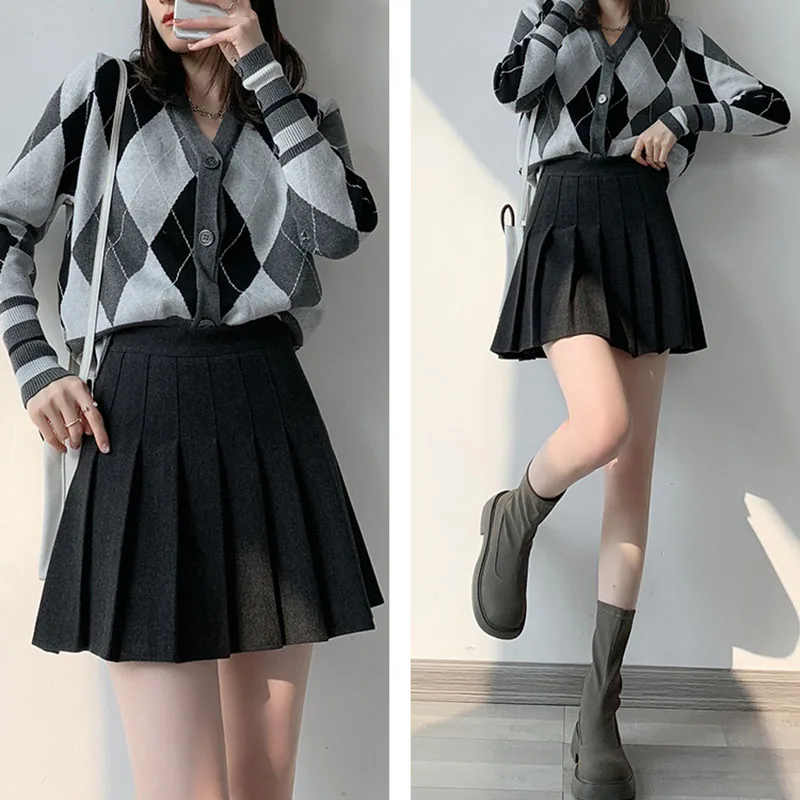 Faldas acampanadas de cintura alta coreana para mujer, Falda plisada de lana gruesa de estilo universitario, minifalda ajustada que combina con todo de Color sólido