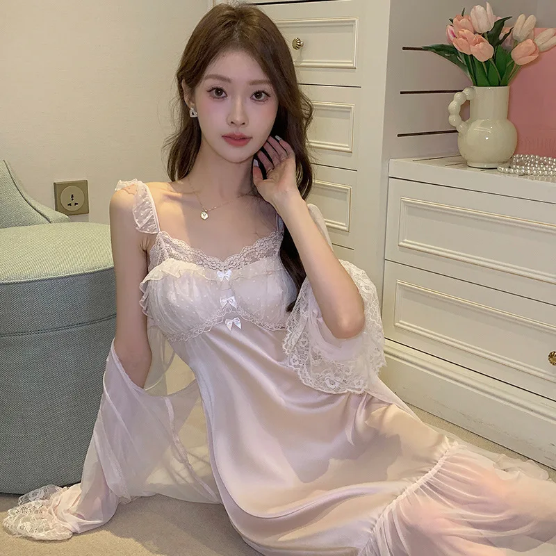 Women Sweet Satin Robe Sets Lace Fairy Peignoir Solid Color Princess Sleepwear Autumn Sexy Ice Silk V Neck Nightdress Two Pieces