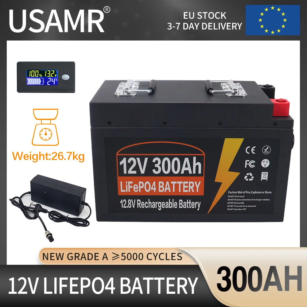 12V LiFePO4 Cells 300AH Lithium Iron Phosphate Battery Pack Built-in BMS 5000 Cycles For Golf Cart RV Campers Solar With Charger