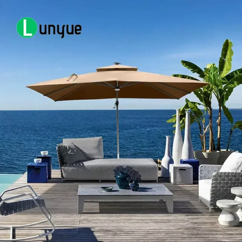 Modern Aluminum Wood Grain Powder Coated Pole Outdoor Parasol for Courtyard Hotel Park Furniture Durable Weather Resistant