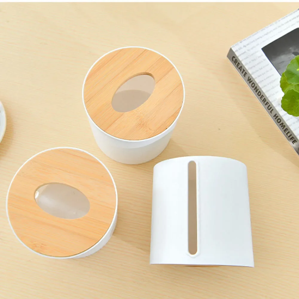 Plastic Tissue Box Round Toilet Tissue Dispenser Paper Roll Holder Napkin Organizer with Bamboo Lid for Bathroom Bedroom Office