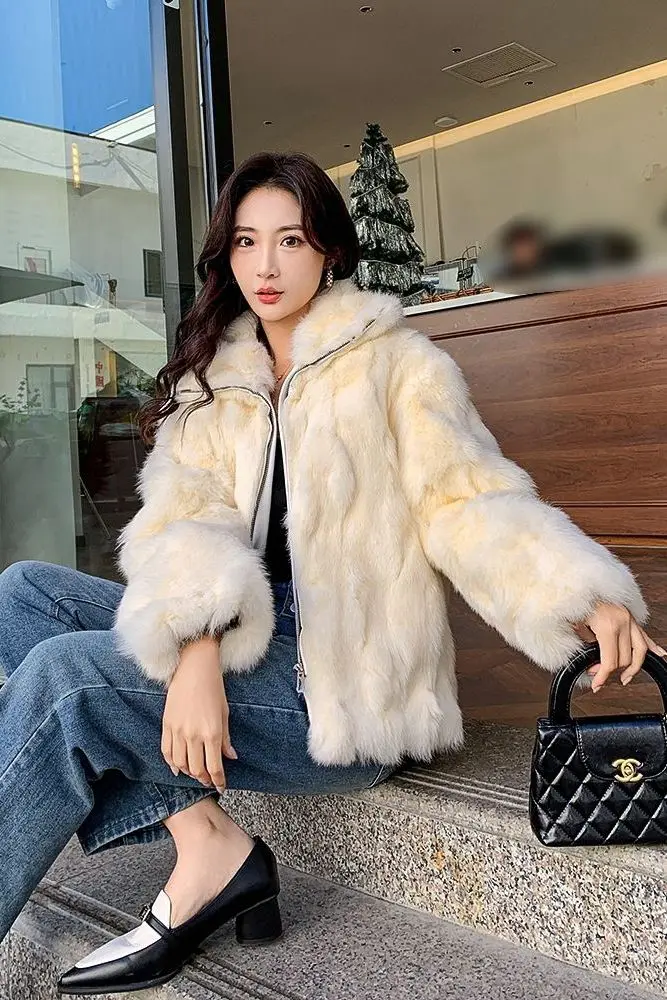 New Style Women Winter Warm Soft Quality Real Rex Rabbit Coat Rex Rabbit Fur Short Jacket Big Real Fox Fur Collar Overcoat Wh107