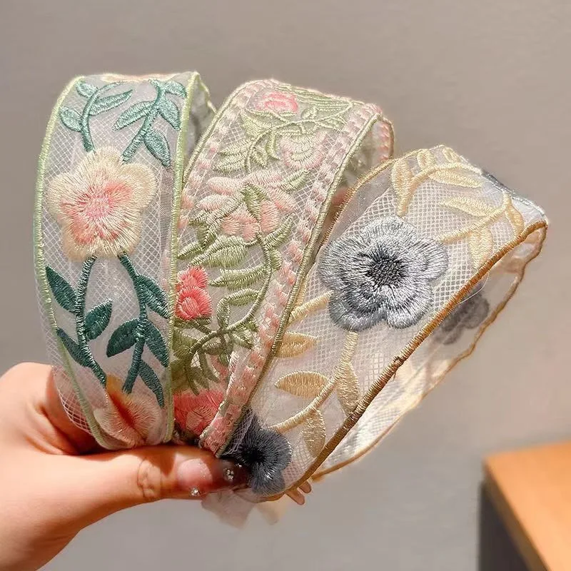 1/3pcs Elegant Chiffon Embroidery Flower Hairband – Sweet Floral Headband Turban Hoop for Women Fashion Hair Accessories image 2