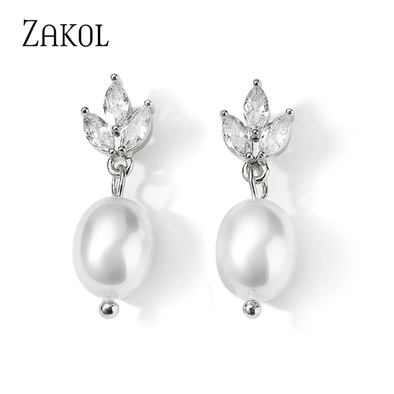 ZAKOL Simple Leaf Cubic Zircon Drop Earrings for Women Fashion Imitation Pearls Bridal Earring Wedding Jewelry EP5377