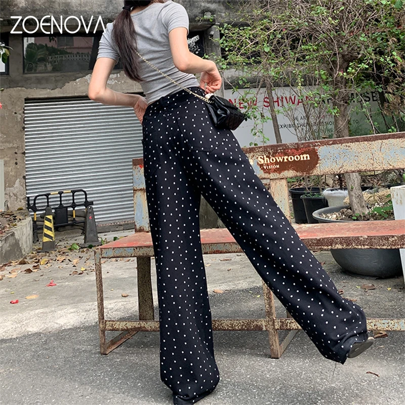 ZOENOVA American Summer Fashion Women's Y2K Jeans Polka Dot Black High Waisted Loose Straight Floor Length Denim Wide Leg Pants