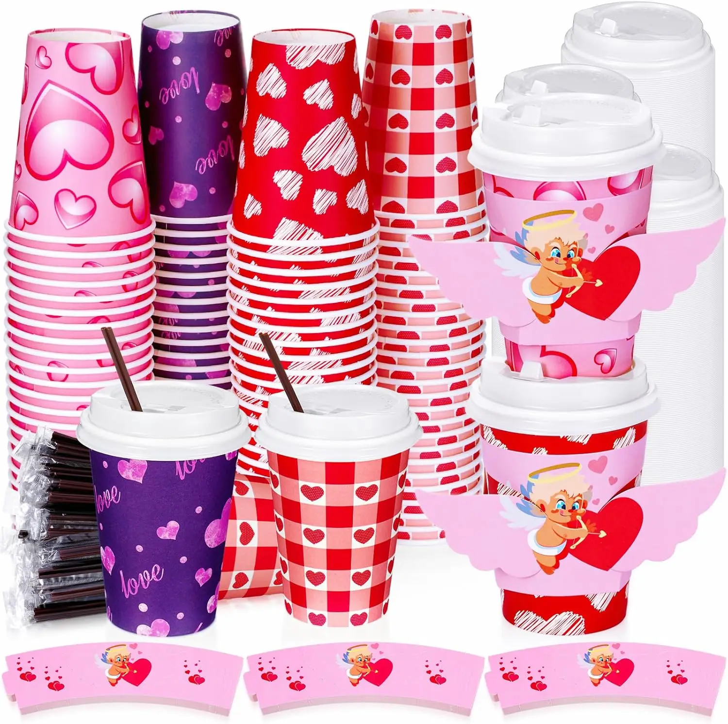 

100 Sets Valentine's Disposable Coffee Paper Cups with Lids and Straws & Sleeves,pink Drinking Cups 12 oz for Hot Cocoa
