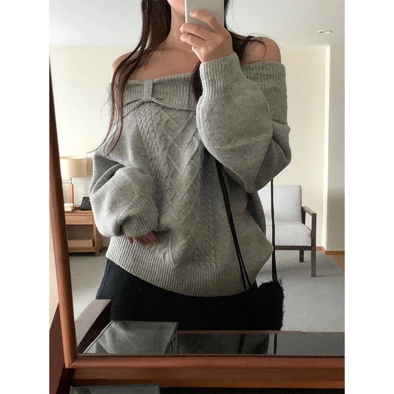 سترة نسائية وردية مكشوفة الكتفين موضة مثيرة مائل الرقبة بلوفرات محبوكة كورية حلوة تريكو شتوي كم طويل لاعبا جديد