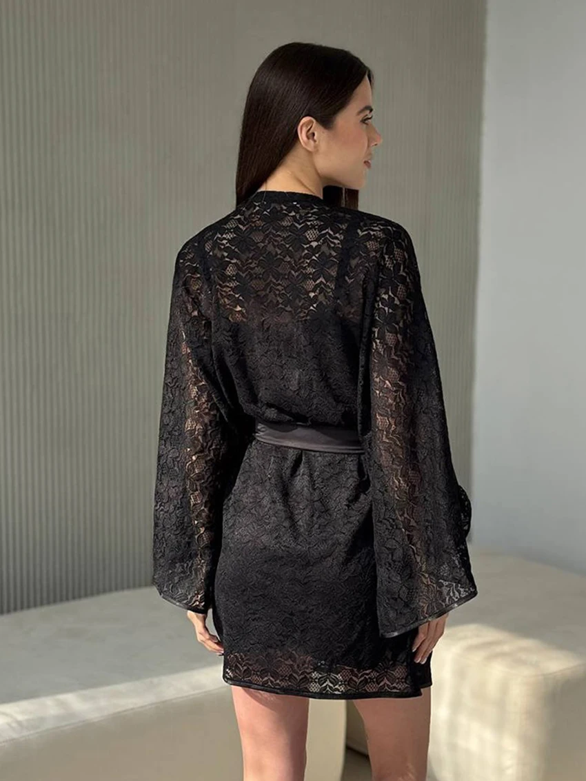 Marthaqiqi Loose Summer Female Sleepwear Long Sleeve Robe Sexy V-Neck Pajama Lace Up Nightgown Mini Dress Casual Women Nightwear