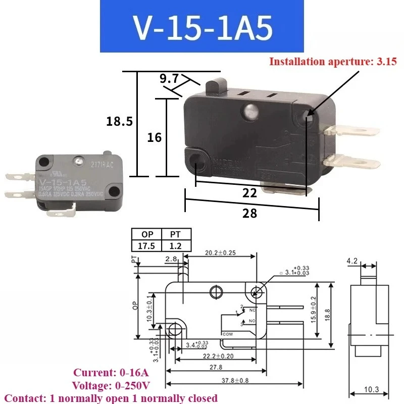 

Комплект из 2-х штук подходит для микропереключателей V-152/155/156-1C25/1A5, концевых выключателей с малым ходом, размеры в миллиметрах.