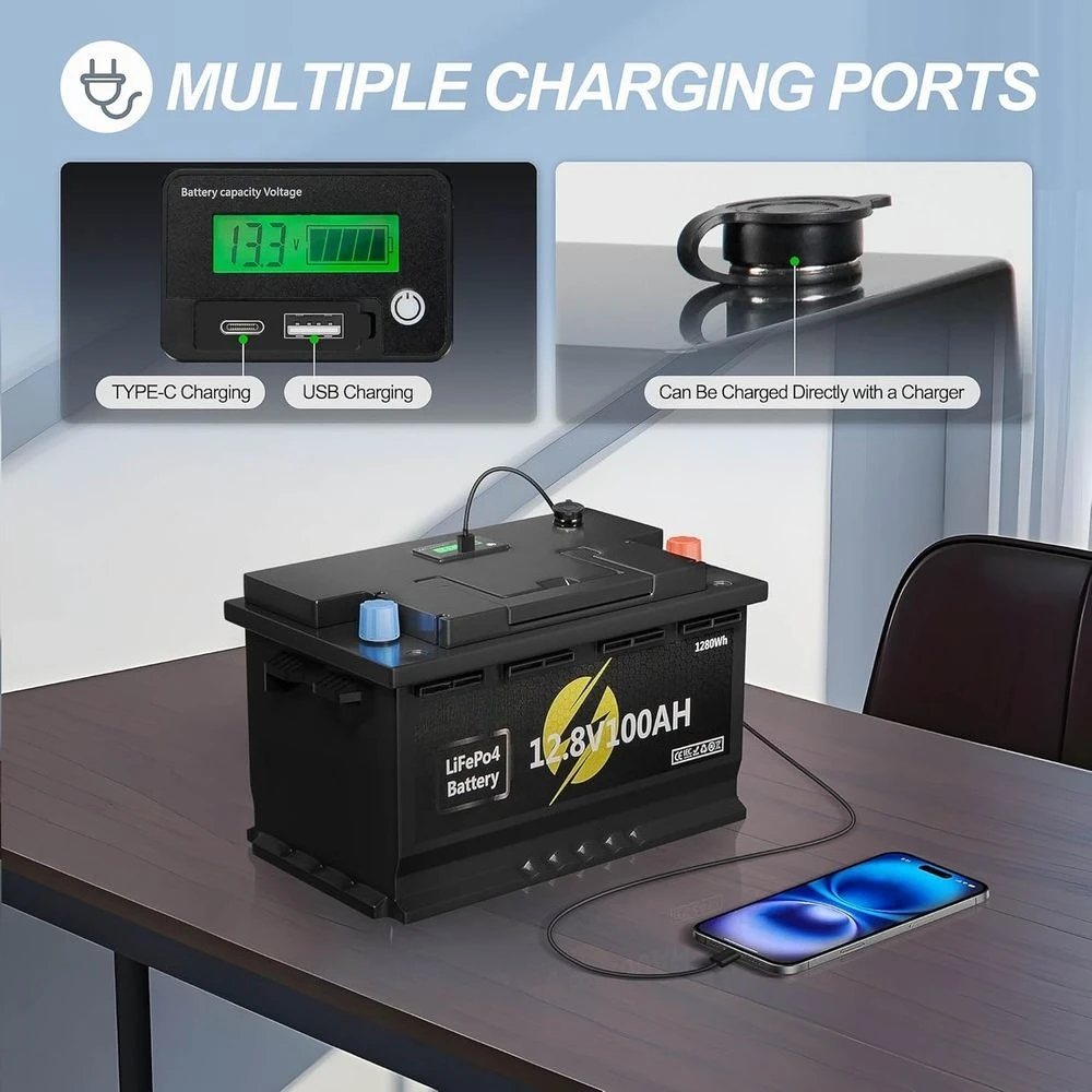 12V 100Ah LiFePO4 Battery, Lithium Battery with Built-in 100A BMS Features NTC and Low-Temperature Protection, Customized