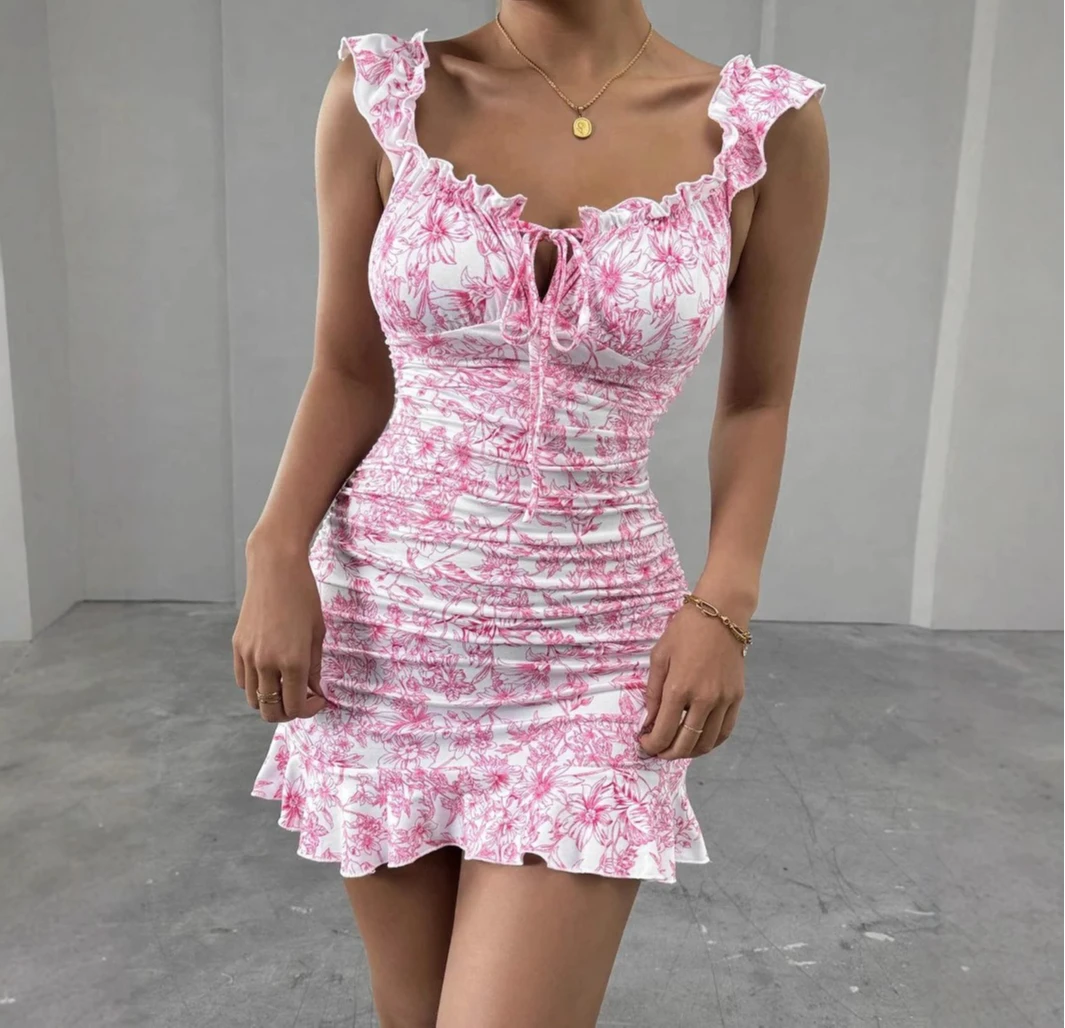 

Mini Dress for Women Strapless Floral Print 2025 Summer New Design Slim Fit Party Clubwear Casual Sleeveless Short Dresses Y2k