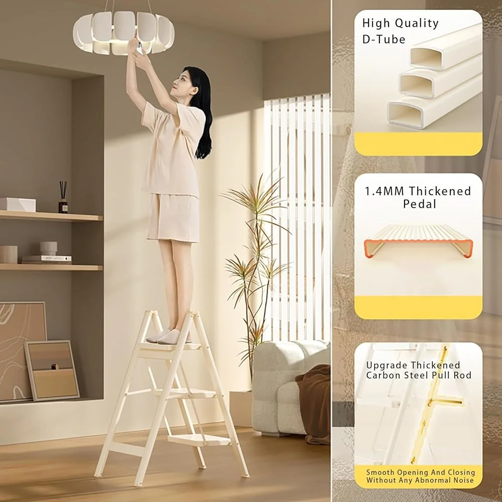 Escada de 3 degraus dobrável, banco leve de aço carbono com capacidade de carga de 330lbs, pedal antiderrapante, banco utilitário de cozinha para casa