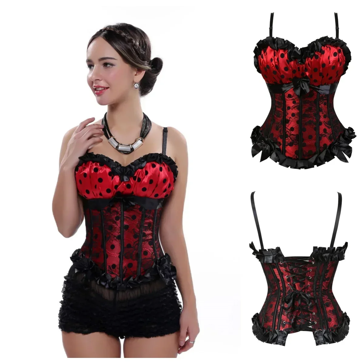 Gothic Corsets for Womens Vintage Bustier Polka Dots Corset Strap Padded Cup Bustiers Plus Size Corsetto Carnival Party Costumes