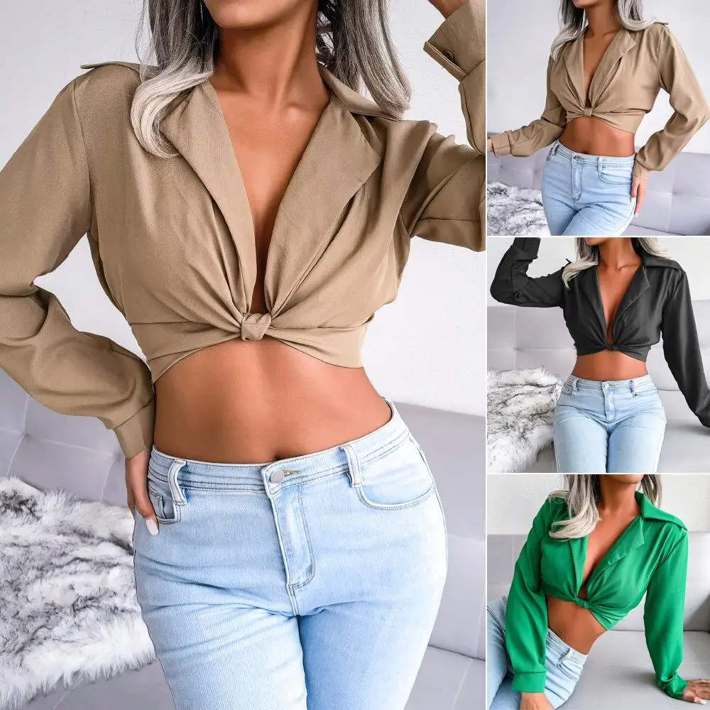 

Spring Summer Knotted irt Belly Baring Blouse with Suit Collar Cross Border Independent Station Women's Faion Long Sve