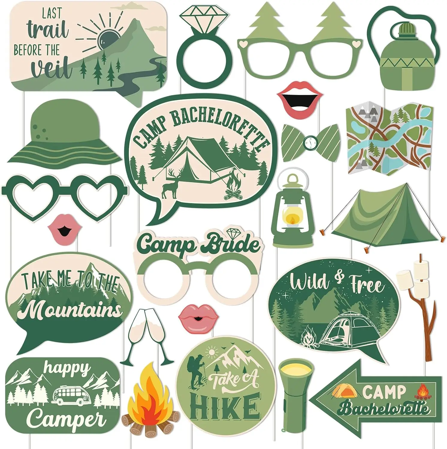 

24pcs Camp Bachelorette Photo Booth Props Cabin Glamping Mountain Lake Hiking Party Favor for Bridal Shower Wedding Engagement