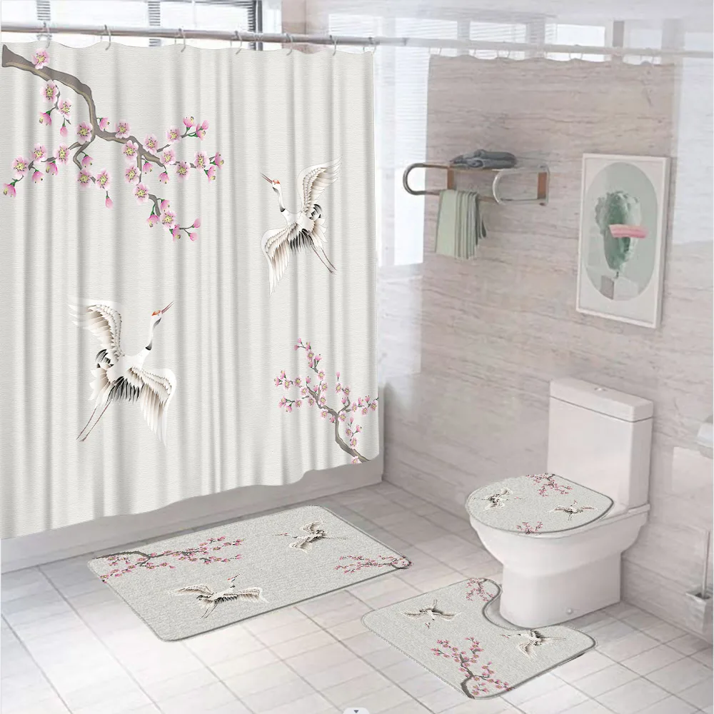 Crane Pink Flowers Shower Curtain Set Plum Cherry Blossom Watercolor Animal Bathroom Curtain Non-Slip Rug Toilet Cover Bath Mat