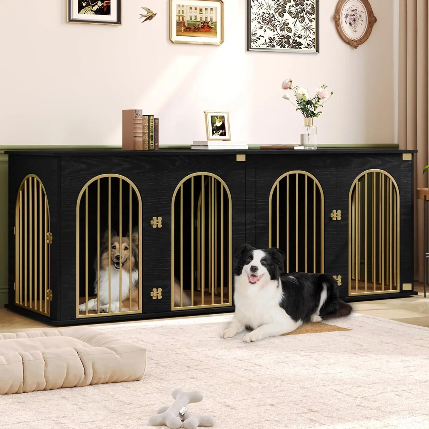 

Dog Crate Furniture, 88.4" Heavy Duty Dog Kennels with Divider, Pads, Side Table, TV Stand, Large Dog Crate for 2 Dogs, Small/Me