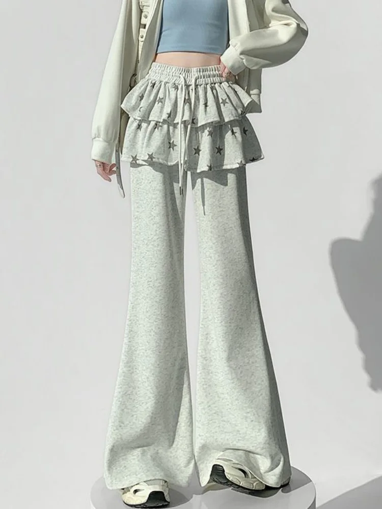 Spliced Star Printed Sweat Pants Korean Fashion Women's Casual Pantalones Loose Lace-Up Wide Legs Bootcut Spodnie Trousers