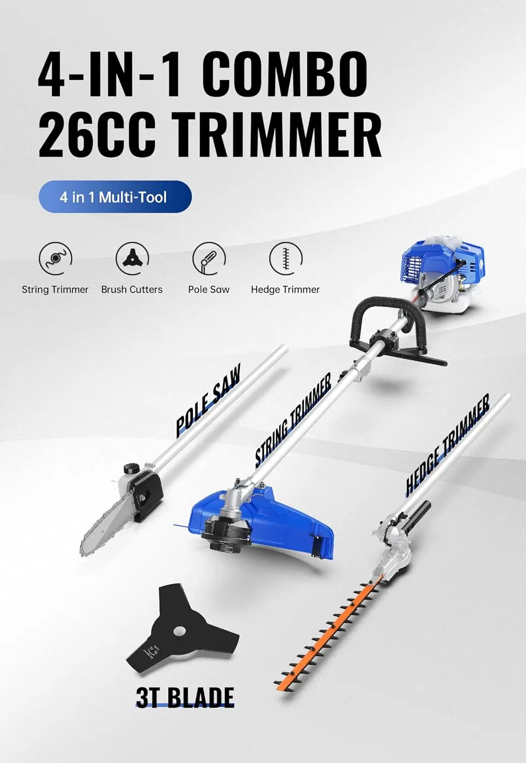 Alimentato a gas da 26 cc, tagliabordi, sega a palo, tagliasiepi e lama per decespugliatore, strumenti per la cura di più iarde 4 in 1