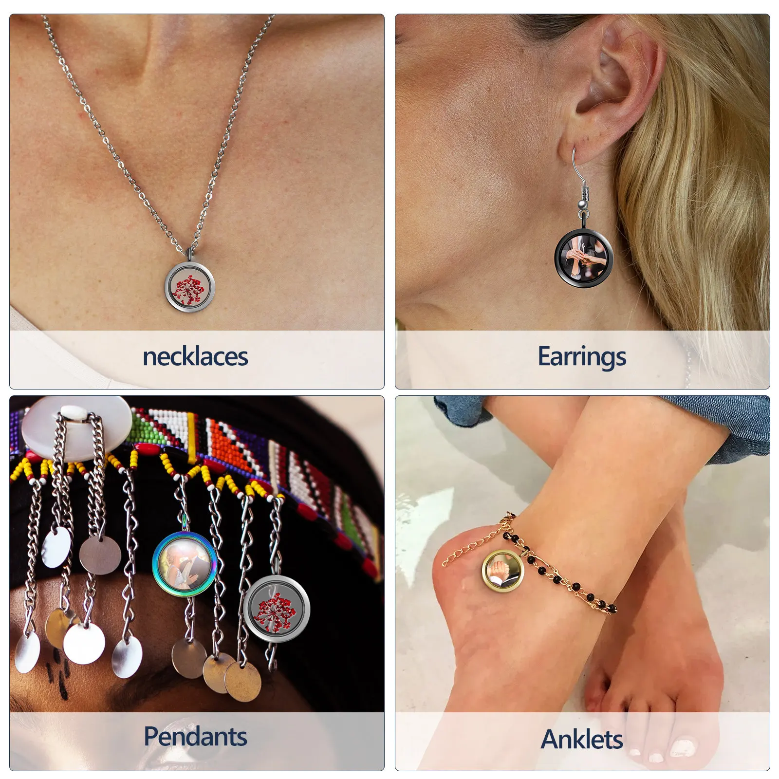 

Набор из 5 круглых прозрачных медальонов-кулонов из сплава, двусторонние, для фотографий, для создания памятных украшений и подвесок