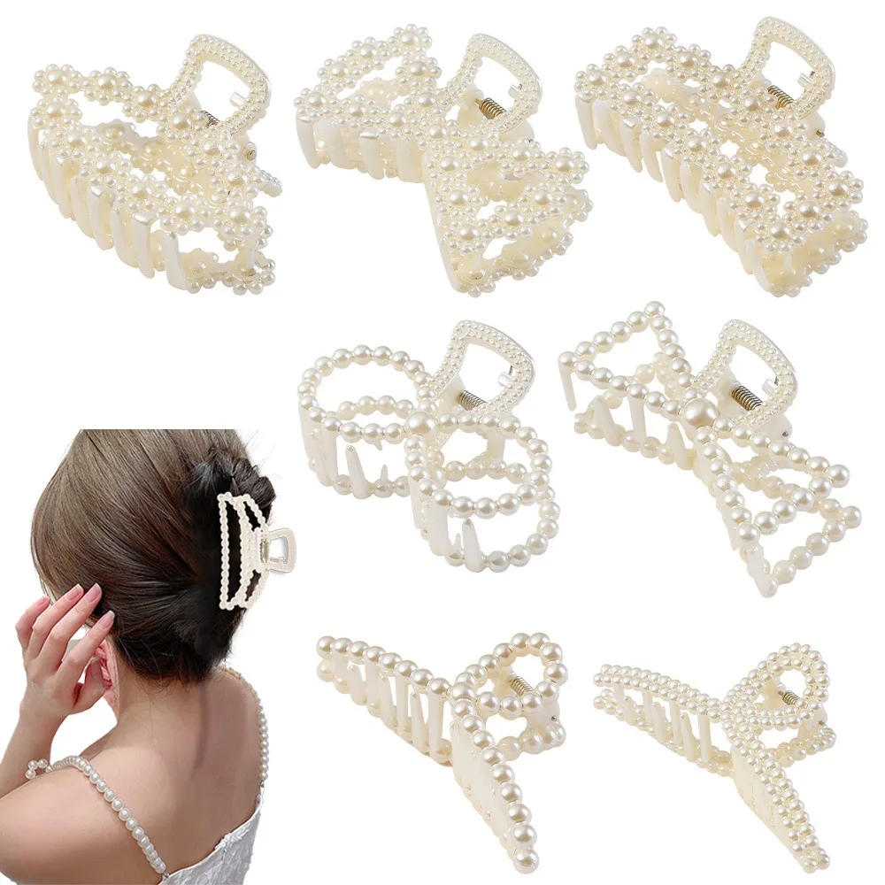 

Korean Fashion Pearl Hair Clip Heart-shaped Hollow out Design Versatile Ponytail Claw Flower Butterfly Bow Bun Head Claw Women