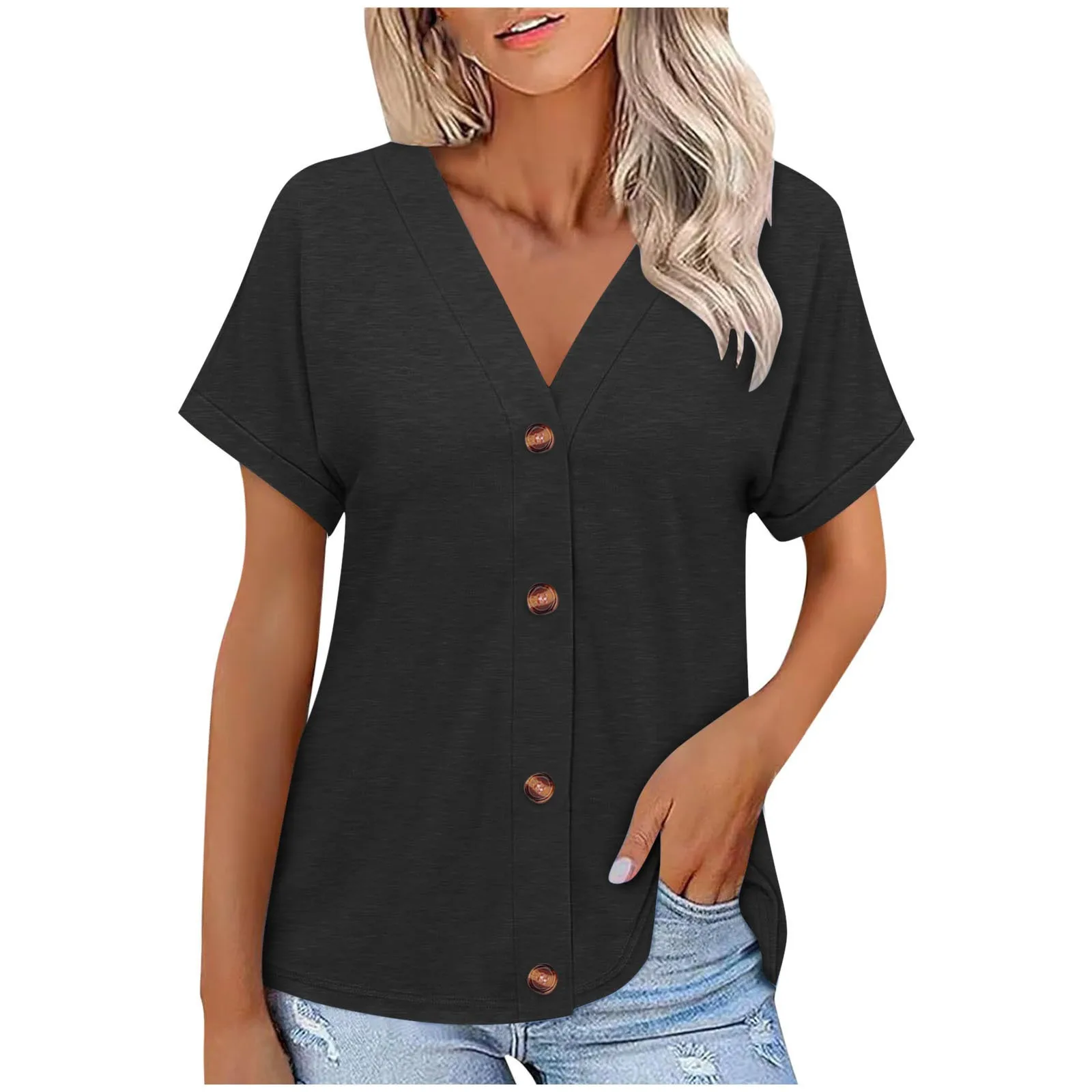 Women's Blouse Tops For Woman Loose Fit Button Up Blouse V Neck Blouse Pastel Pink Short Sleeve Blouse White Women Shirts 5