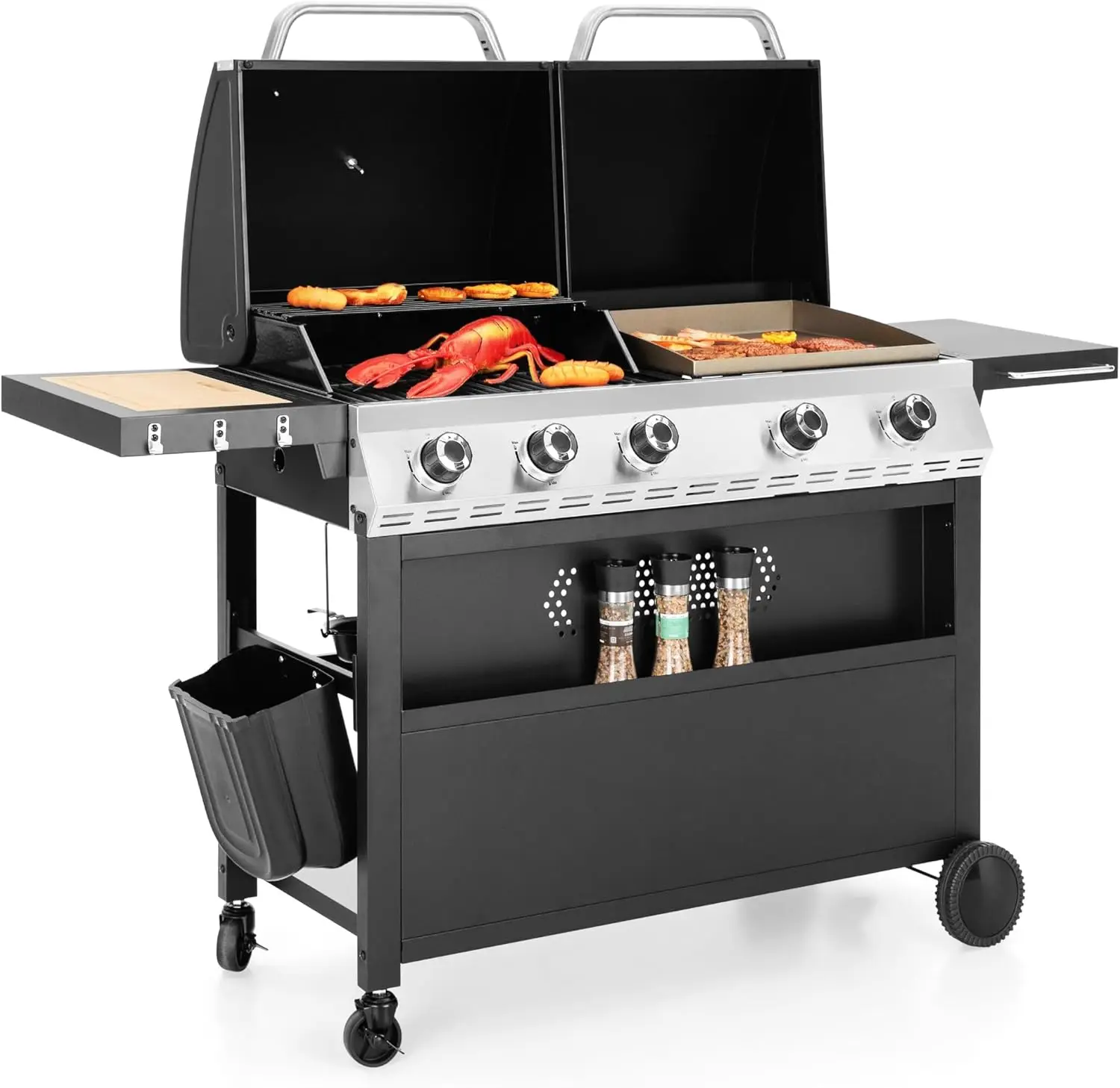 

Captiva Designs Propane Gas Charcoal Grill Combo with Side Burner Porcelain-Enameled Cast Iron Grate Dual Fuel BBQ 690 SQIN