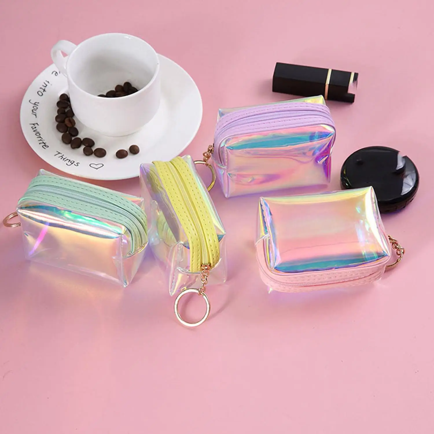 PVC Laser Cosmetic Bag Transparent Coin Purse Women Makeup Case Keychain Small Lipstick Bag Mini Wallet Portable Purse