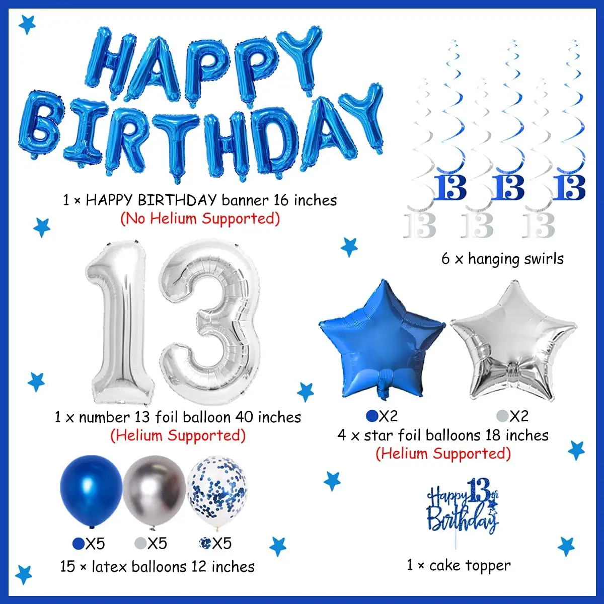 Blue 13th Birthday Decorations for Boys Girls Birthday Party Supplies Happy Birthday Balloon Banner Cake Topper Hanging Swirls